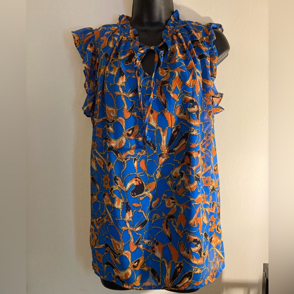 Floral Ruffle Sleeve Women's Top - Blue and Orange